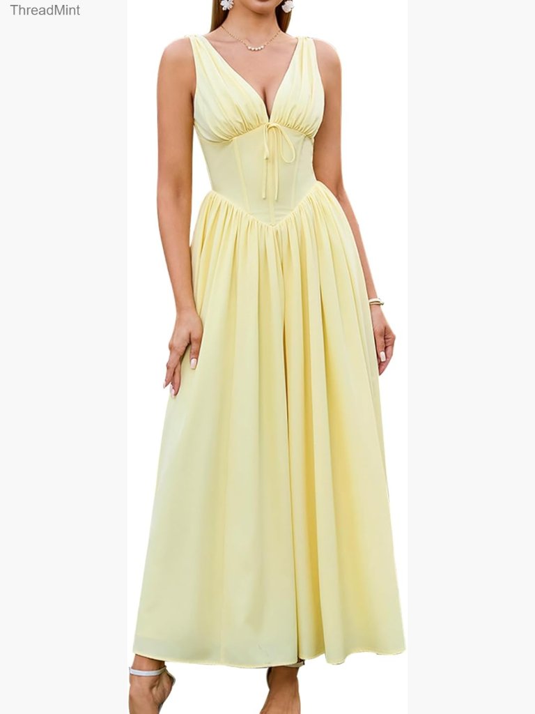 V Neck Corset Midi Dress With Pockets Flowy A Line Sundress